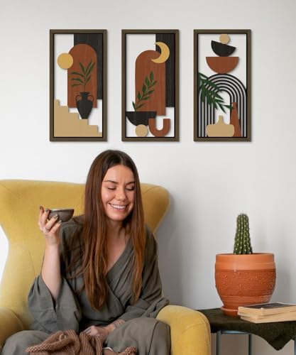 Putuo Decor Boho Wall Art Set of 3 Modern Minimalist Wooden Wall Decor Abstract Terracotta Room Decorations Mid Century Artwork for Living Room Bedroom Office in Terracotta Noir 16.5 x 8.6 Inch - Image 7