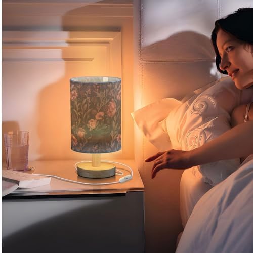 Black Crow Moody Flowers Vintage Bedside Table Lamps with USB Port for Bedroom Lamp Accent Table Lamp Small Nightstand Lamp Sturdy Linen Shade Wooden Base Decorative Lamps for Kids|Reading|Dorm|Home - Image 7
