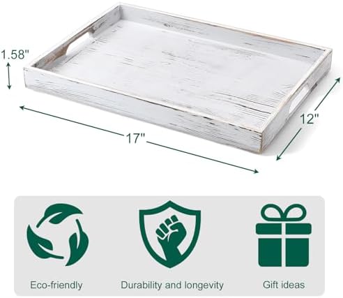 17 Inch Rustic White Serving Tray with Handles - Large Wooden Tray for Ottoman, Breakfast in Bed, Dinner, Coffee Table - Decorative Rectangular Tray for Living Room Bedroom Entryway and Kitchen Decor - Image 7