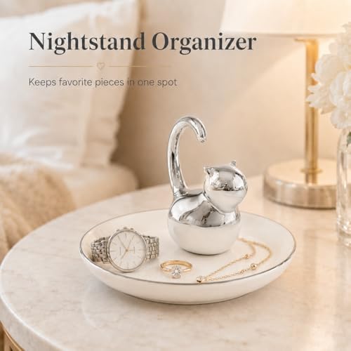 Cat Ring Holder Jewelry Dish–White & Silver Fat Cat Ceramic Trinket Tray,Birthday,Wedding,Graduation Gift for Women & Girls,Rings Earrings Necklaces Bracelets–Vanity,Nightstand,Dresser,Bathroom - Image 6