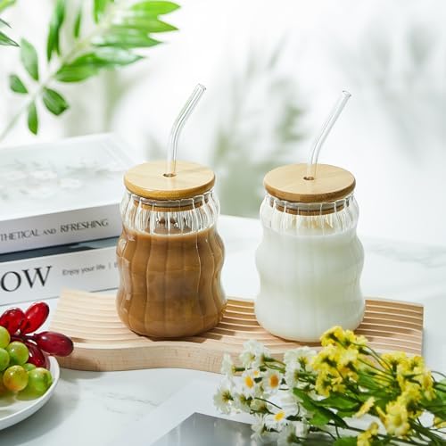 Domensi 2 Pcs 18 oz Creative Glass Cups with Lids and Straws Wave Shape Cute Drinking Tumblers Ribbed Cups Vintage Ripple Glassware for Cocktail Juice Iced Coffee Tea Soda Milk - Image 6