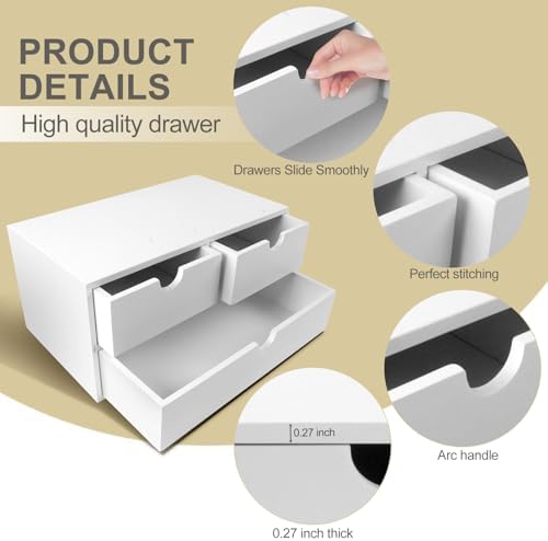 Charmewooden Bamboo Desk Organizer with 3 Drawers, Countertop Organizer with Drawers Makeup Storage Drawer 3 Drawer Tabletop Storage Organization Box Home Office Workspace(White) - Image 6
