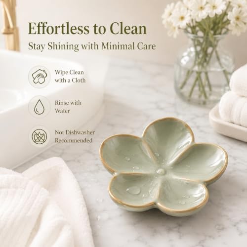 Ceramic Flower Jewelry Ring Trinket Dish Tray, Gifts for Women, Sage Green - Image 6