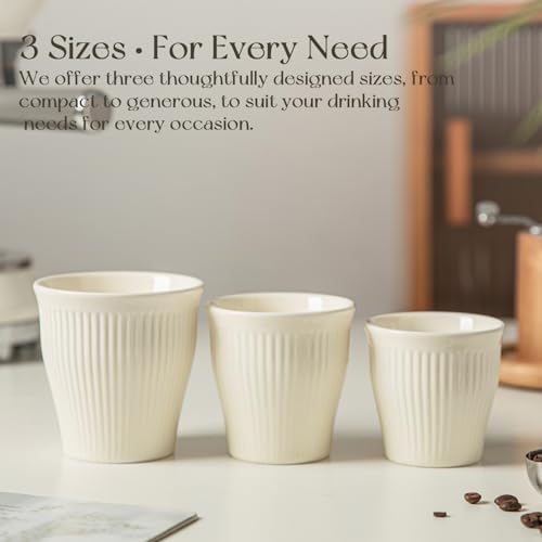 KEMORELA Espresso Cups Set of 3 – 5.5oz/7oz/10oz Ceramic Espresso Cups, Handleless Mug, Japanese Tea Cups, Ceramic Cups no Handles, Microwave and Dishwasher Safe, Barista Use, Asian Matcha Cup, White - Image 6