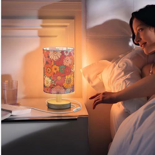 Hippie Daisy Flowers Colorful Red Floral Bedside Table Lamps with USB Port for Bedroom Lamp Accent Table Lamp Small Nightstand Lamp Sturdy Linen Shade Wooden Decorative Lamps for Office Dorm Home - Image 7