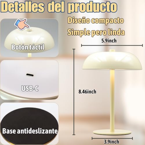 Cordless LED Mushroom Table Lamp, 5200mAh Battery, Dimmable 3 Color, White - Image 7