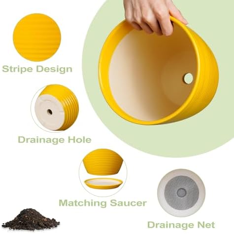10 Inch Plant Pot - Ceramic Pot for Plants Outdoor Planter for Indoor Plants Large Plant Pot with Drainage Hole and Saucer Round Flower Pot for Home Patio Office Yellow - Image 6