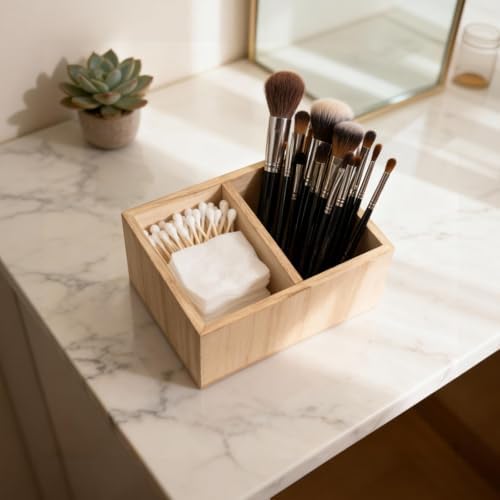 Dlounery Small Wooden Organizer Box (6.3in) for Desk and Kitchen Countertop, Double-grid Desktop Organizer with "Organize" Print, Wood Grain Small Storage box for Utensils, Office Supplies - Image 7