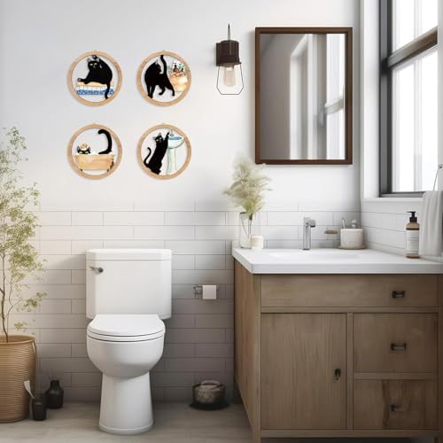 HPNIUB Funny Bathrooms Wall Decor, Black Cats In the Bath Wood Sign, 4 Pieces 10''x10'' Farmhouse Wooden Hanging Sign for Toilet Powder Room Restroom Wall Decoration, Lovely Cat Gifts - Image 7