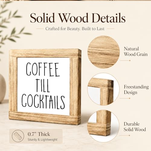 Coffee Till Cocktails Wood Sign, Funny Drink Bar Decor Plaque, Rustic Farmhouse Kitchen Counter Accent, Coffee Station Shelf Sitter For Home Bar Dining Room Cafe Corner Gift, 5.9 x 5.9 in - Image 6