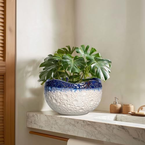 Ceramic Flower Pots, 10 Inch Planter with Drainage, Beige-Blue - Image 7