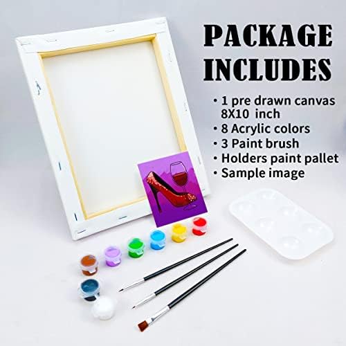 VOCHIC Pre Drawn Canvas for Painting for Adults Paint and Sip Kit Pre Printed Canvas to Paint Party Supplies 8x10 inch Girl High Heels Glass 8 Colors,3 Brush,1 Pallet Art Set - Image 5