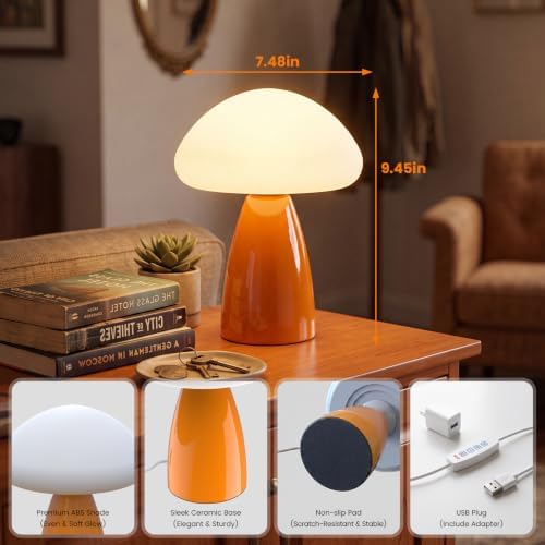 Mushroom Lamp, 3 Color Modes Stepless Dimmable Table Lamp, Retro Ceramic Base Bedside Lamp, Decorative Lamp for Bedroom, Nursery, Nightstand (Orange) - Image 7