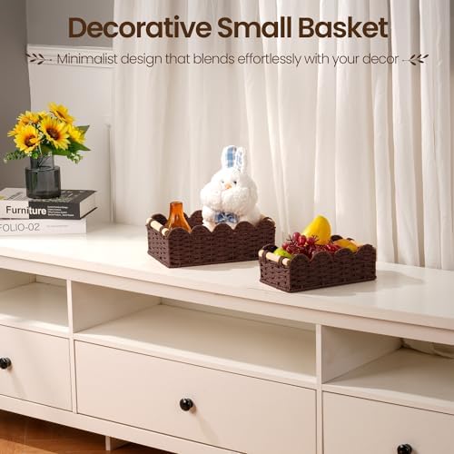 iEGrow Paper Rope Small Storage Baskets for Organizing, Set of 2 Scalloped Edge Wicker Basket with Wooden Handles Toilet Paper Basket for Over Toilet Storage Shelf, Home Decor, Living Room (Brown) - Image 7