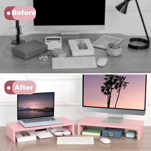 TEAMIX 2 Pack Pink Monitor Riser-20L inch, Cute Monitor Stand for Desk, Wood Sturdy TV/Screen/PC/Printer/Laptop Riser, Computer Shelf with Storage Desktop Organizer for Home Office - Image 7