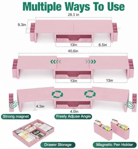 OPNICE Desk Organizer and Accessories, Computer Monitor Stand Riser with Drawer and 2 Pen Holders, Laptop Stand, Office Desk Accessories for Office Supplies, Pink - Image 7