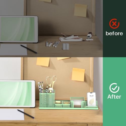 Pen Holder for Desk, 6-Piece Mesh Desk Organizer with Phone Holder, Green - Image 7