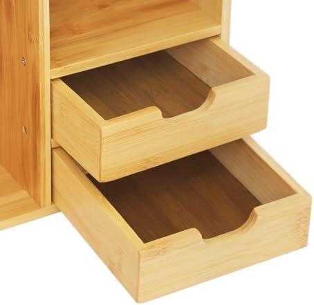 Bamboo Desktop Bookshelf with 2 Drawers, Small Bookcase for Students Study, Tow Shelves Office Desk Bookshelf Organizer, Books Paper Sorter Shelf on Desk - Image 7