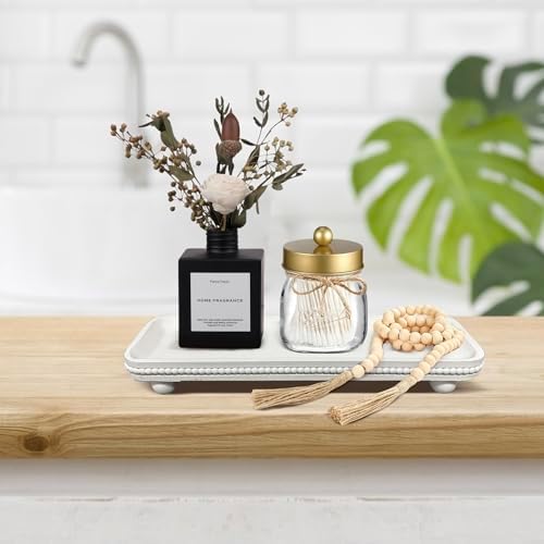 Dwellington Oval Wooden Decorative Tray, Farmhouse Style, Beaded Serving Tray for Living Room, Coffee Table (White) - Image 7