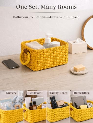 Small Wicker Baskets, 3 PCS Paper Rope Baskets for Shelves, Yellow - Image 6