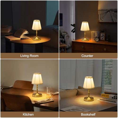 5w Led Cordless Mini Lamps,3000 mah Battery Operated Lamp,3 Color Temperature Dimmable Table Lamp,Gold Rechargeable Table Lamp Fabric,Aesthetic Small kitchen Lamp for Counter,Restaurant,Bar,H9.8" - Image 7