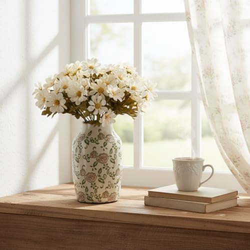 SIDUCAL Ceramic Vintage Vase, 7 Inch Retro Ice Cracked Chinoiserie Floral Vase, Rustic Farmhouse Vases for Home Decor, Bookshelf, Office, Garden, Chinoiserie Decor, Tuscan Decor, Red Rose Pattern - Image 7