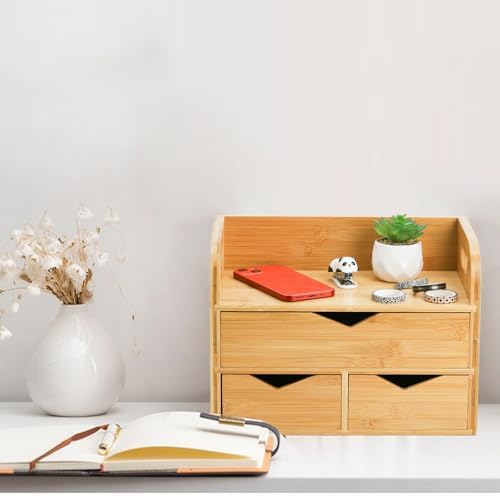 Hacaroa 3 Tier Bamboo Desktop Organizer with 3 Drawers, Tabletop Craft Box Cosmetic Storage Drawer with Handle, Portable Desk Letter Mail Sorter for Office Supply, Toiletries - Image 6