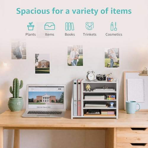 4-Tier White Wood Desk Paper Organizer, Modern Desktop Letter Tray for File Folders, White Office Desk Shelf Accessories & Workspace Organizers for A4 Documents, Sturdy Wood Sorter - Image 7