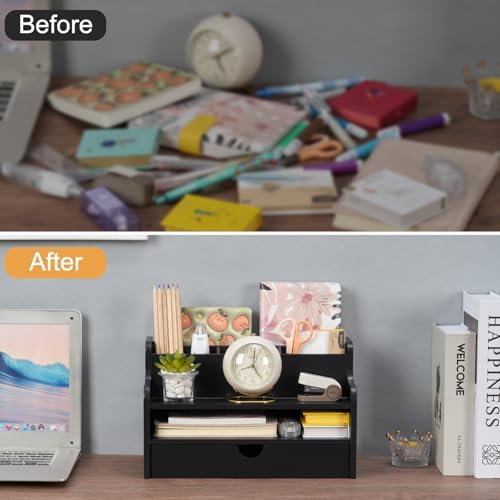 Mail Organizer Countertop, 4 Slots Desk Organizer with Drawer and Shelf - Image 7