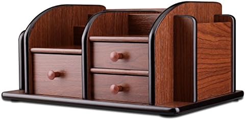 Flexzion Wooden Desk Organizer w/Drawers - Classic Wood Office Supplies Accessories Desktop Tabletop Sorter Shelf Rack Cherry Brown Pencil Holder Caddy Set with 3 Drawers, 3 Compartments & 2 Shelves - Image 7
