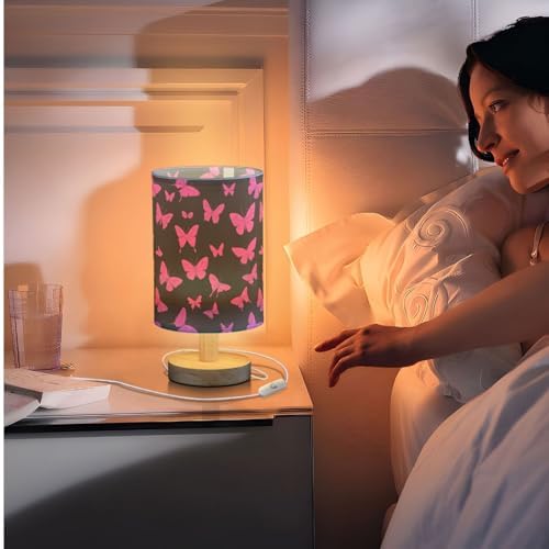 Hot Pink Butterfly Pink and Black Bedside Table Lamps with USB Port for Bedroom Lamp Table Lamp Small Nightstand Lamp Sturdy Linen Shade Wooden Decorative Lamps for Home Dorm Office Living Room - Image 7