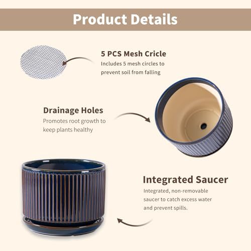 SURE YUESI Ceramic Plant Pots Set of 3, Indoor Outdoor Planters with Drainage Hole and Saucer, Ceramic Flower Pots for Indoor Plants, 4.3+5.5+6.8 Inch, Home, Garden, Patio and Office, Glossy Blue - Image 7