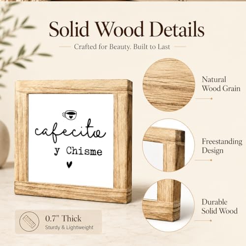 Cafecito Y Chisme Wood Sign, Funny Coffee Kitchen Decor, Hispanic Coffee Bar Plaque, Rustic Farmhouse Shelf Accent For Countertop Cafe Corner, Coffees Lover Gift, 5.9 x 5.9 in - Image 6