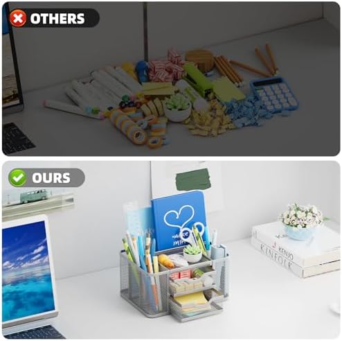 Marbrasse Mesh Desk Organizer, Pen Organizer with 2 Drawer, Multi-Functional Pencil Holder, Desk Organizers and Accessories with 5 Compartments + Drawer for Office Art Supplies (Silver) - Image 7