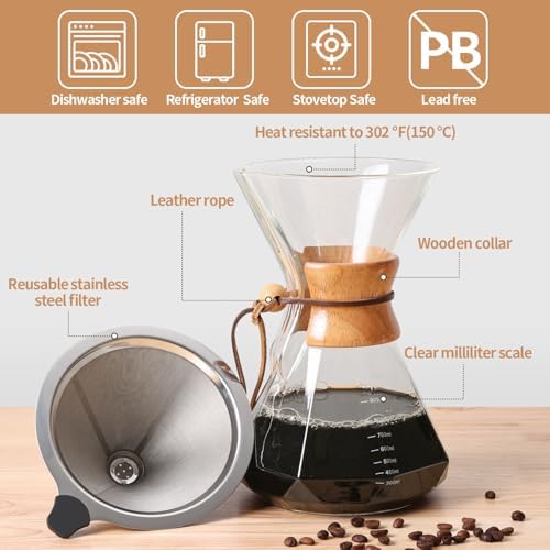 Pour Over Coffee Maker 34 OZ, 10 Cup Borosilicate Glass Drip Coffee Maker with Reusable Stainless Steel Filter and Cork Grip for Home Café 1000 ML (Diamond Shape) - Image 6