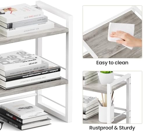Office Desk Shelf Organizer, Wood Desktop Bookshelf Supplies Storage Rack, Shelf for Top of Desk and Dresser (Grey-2 Tier) - Image 6
