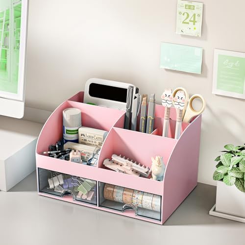COMFYROOM Desk Organizer with 6 Compartments and 2 Drawers, Plastic Makeup Organizer, Pen Holder for Desktop Storage, Desk Organization for School, Home, Office Supplies Pink-2Pack - Image 4