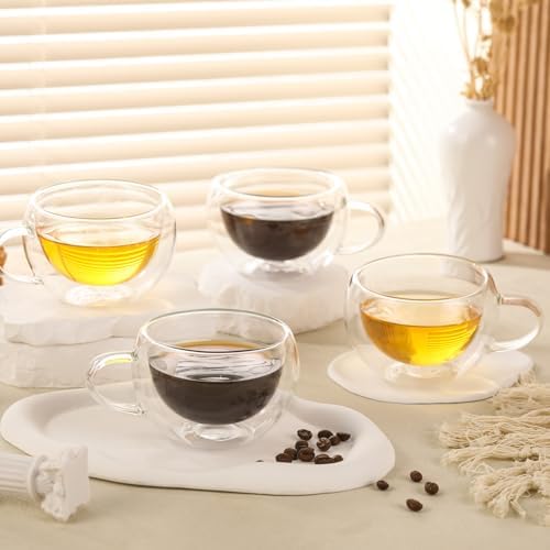 Double Wall Insulated Glass Tea Cups Set of 4, Clear Borosilicate Glass Espresso Shot Cups for Espresso Machine, Teacups Coffee Mugs with Handle for Cappuccino Latte, 7OZ/200ML - Image 6
