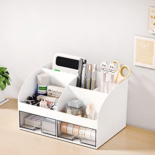 COMFYROOM Desk Organizer with 6 Compartments and 2 Drawers, Plastic Makeup Organizer, Pen Holder for Desktop Storage, Desk Organization for School, Home, Office Supplies (White-2Pack) - Image 7