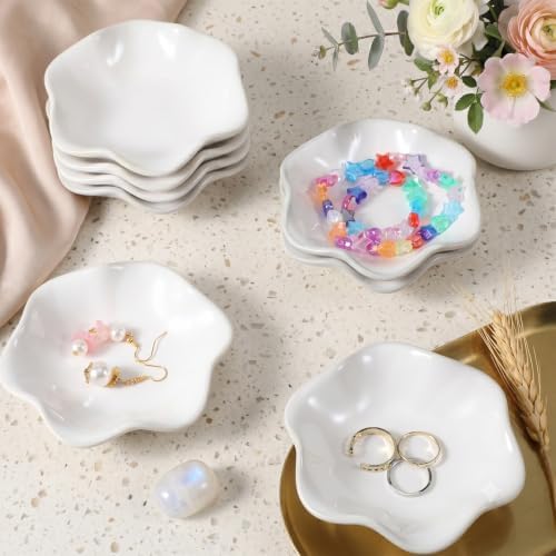 9 Pcs Ceramic Jewelry Dish Bulk White Lotus Leaf Shape Ring Holder Dish, Small Key Bowl Decorative Ring Tray, Ceramic Trinket Tray for Earrings, Rings, Key Bowl (White, 4.3in) - Image 7