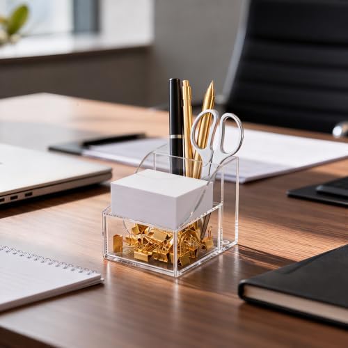 HBlife Acrylic Pen Holder for Desk, 3-Compartment Small Desk Organizer with Drawer, Clear Office Supplies Desk Accessories with Sticky Notes Holder Stores Post It Notes 3X3 for Office, Home and School - Image 7