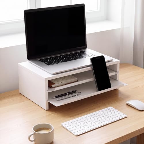 Fenge 14.3-Inch Monitor Stand with Slide-Out Trays, Wood & Metal Desk Shelf - Image 6