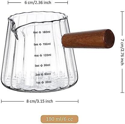 Joeyan 6 oz Glass Measuring Cups with Spout,Borosilicate Glass Triple Pitcher with Scale,Origami Style Espresso Shot Glasses with Wood Handle for Coffee Milk,Dishwasher Safe - Image 6