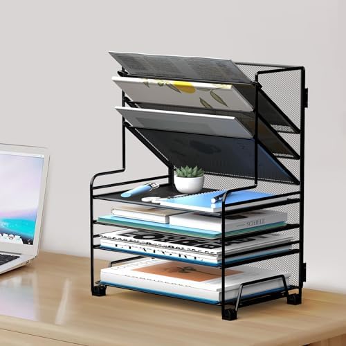 MINDEPOT 4-Tier Paper Organizer + 3-Pocket File Holder + Drawer + Pen Holders, Desktop File Organizers Paper Tray for Office Supplies School Classroom Organization (Black, No Drawer & Pen Holder) - Image 6
