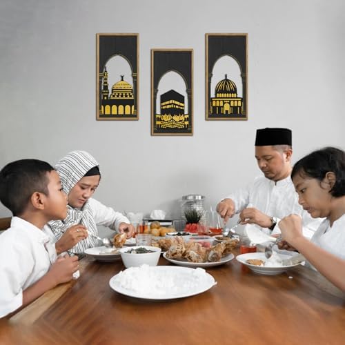 KAIRNE Eid al-Fitr Wooden Wall Art,3pcs 8”X16” Islamic Festival Decorations,Muslim Home Hanging Decor,Framed Mosque Wall Sculptures,Eid Ramadan Kareem Decoration,Rustic Religious Artwork Gift for Friend Family Living Room Bedroom Decor - Image 7