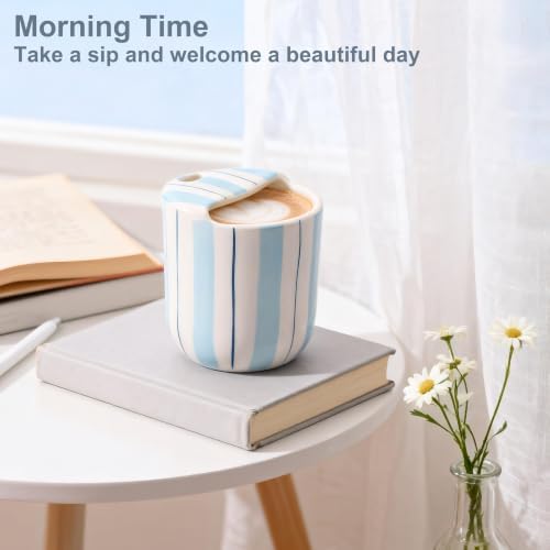 Ceramic Coffee Mug with Sip Hole 10oz Aesthetic Espresso Cup with Hand Painted Striped Coffee Mug for Kitchen Dining Travel (Light Blue, 1Pack) - Image 7