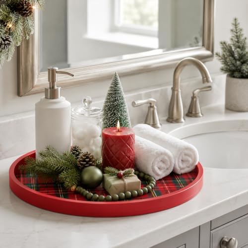 Novabright 11.8" Round Red Christmas Tartan Plaid Wooden Serving Tray - Image 6
