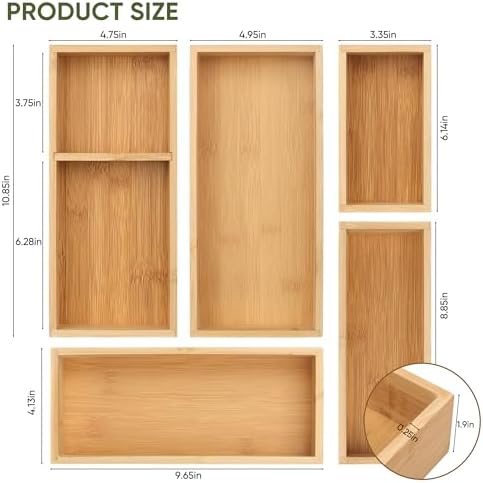 Vincona Bamboo Drawer Organizers Set, 5-Piece Multi-Use Wood Storage Organizers, Desk Drawer Tray for Kitchen, Bathroom, Office, Dresser, Bamboo Box Bin for Jewelry, Makeup, Junk, Gadgets - Image 7