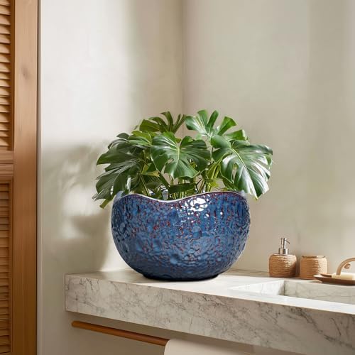 10 Inch Plant Pot - Ceramic Planter for Indoor Outdoor, Round Bonsai Pots, Decorative Flower Pots with Drainage Hole, Modern Unique Planters, House Decor, Home Gifts, Retro Blue - Image 7
