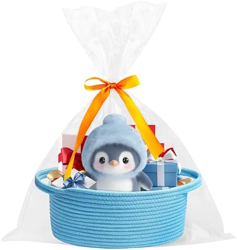 Pro Goleem Small Woven Basket with Gift Bags and Ribbons Durable Baskets for Gifts Empty Small Rope Basket for Storage 12"X 8" X 5" Baby Toy Basket with Handles, Blue - Image 5